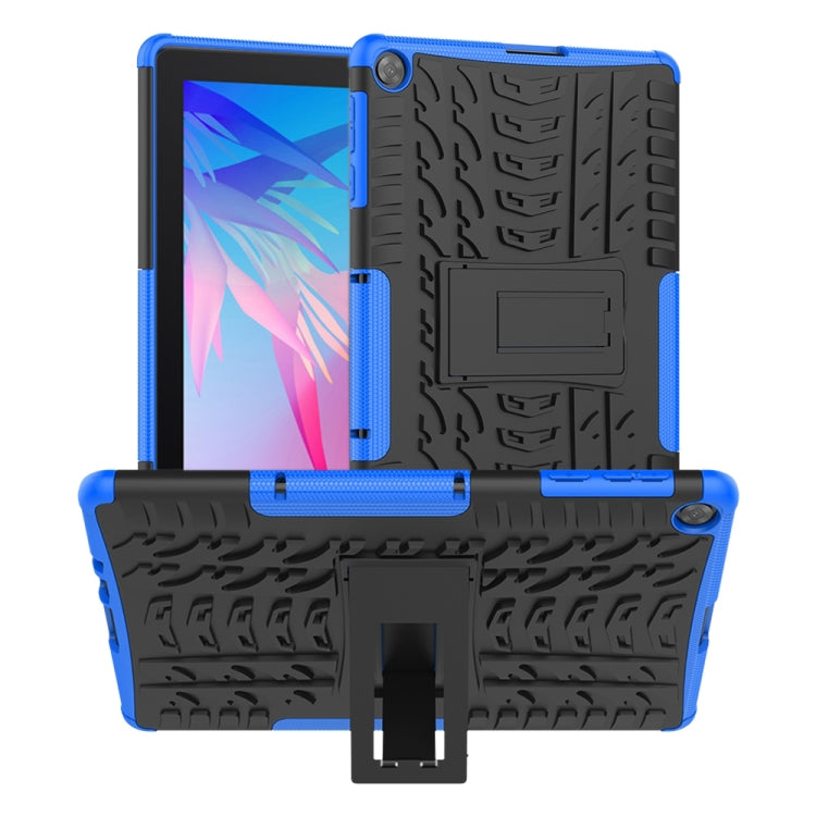 Blue shockproof tablet case with textured back and built-in holder stand