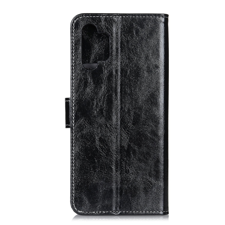 Black leather-look flip phone case with back camera cutout and magnetic closure