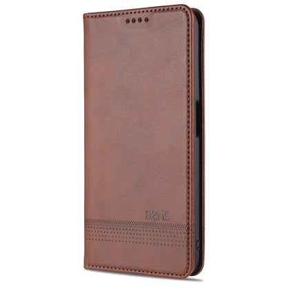 Dark brown wallet-style flip phone case with stitched texture and card slot area