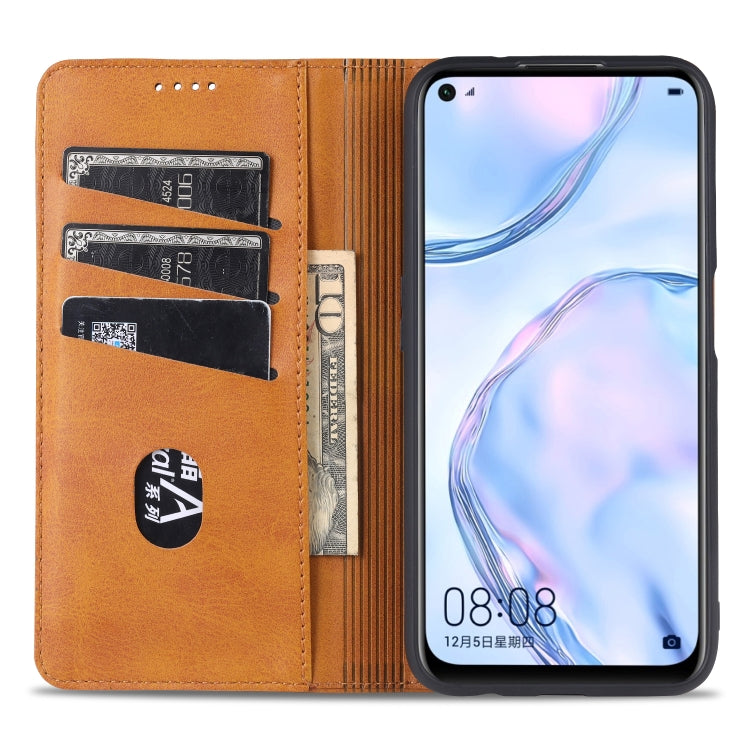 Orange magnetic wallet flip case with card slots and viewing window for phone screen