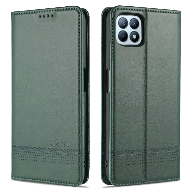 Dark green leather flip phone case with card holder, stitched edges, rear camera cutout