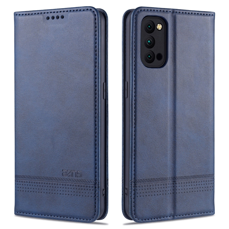 Dark blue magnetic flip leather phone case with card slots, front and back views.