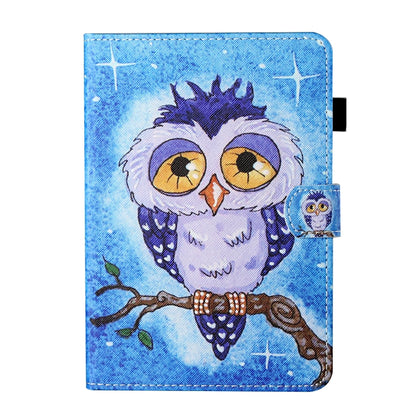 Blue owl print leather flip case with stitched edges and card slot