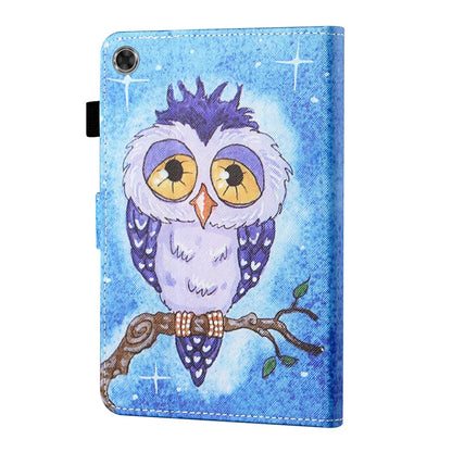Blue owl print leather flip case with owl face graphic and stitched borders
