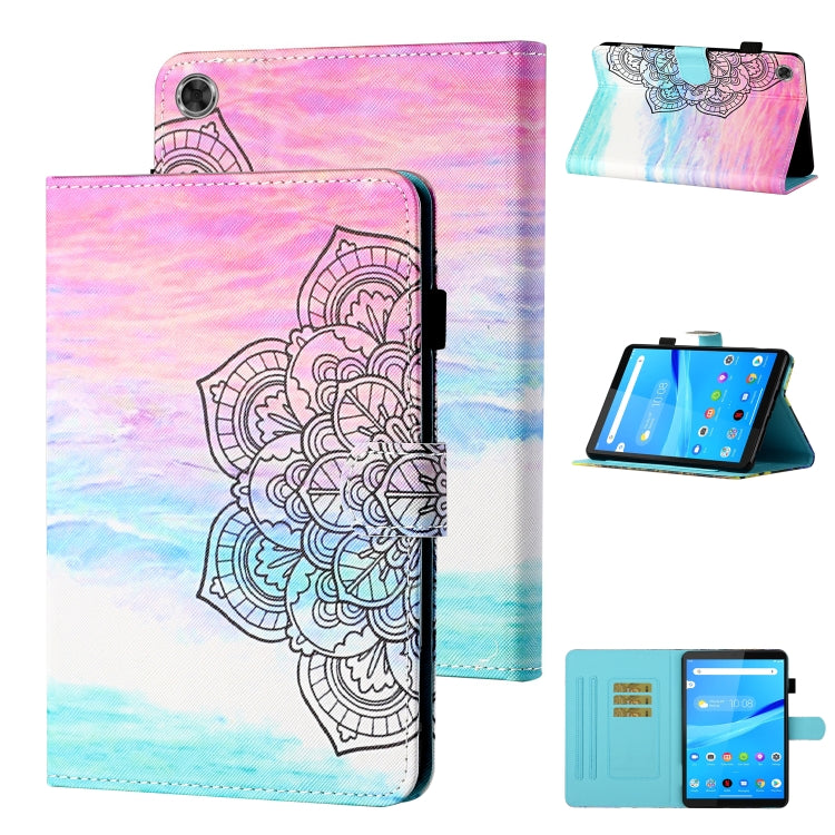 Pink and blue mandala leather flip case with stitched edges and cover strap
