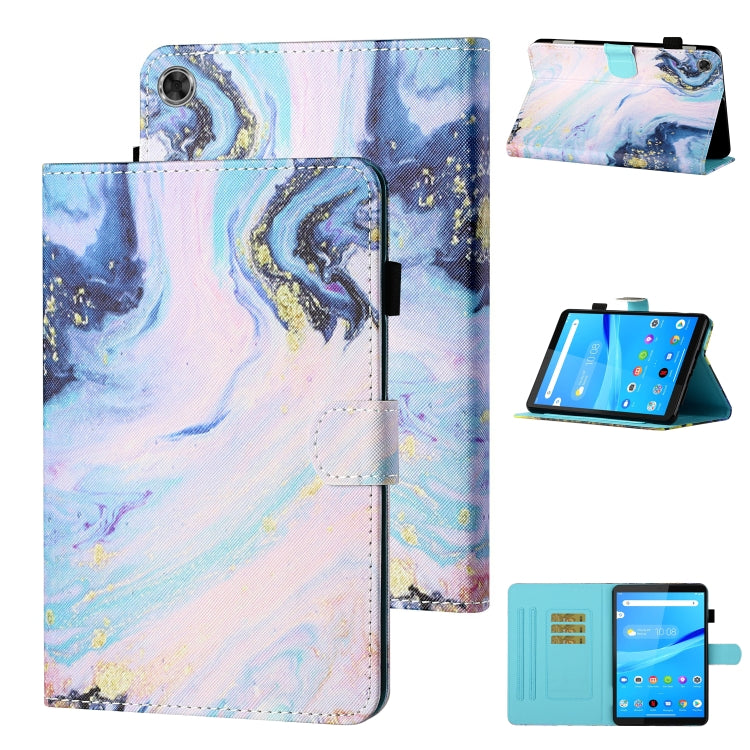 Blue marble pattern leather flip case with stitched borders and foldable stand