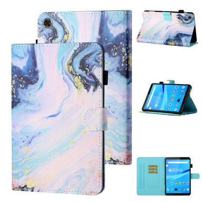 Blue marble pattern leather flip case with stitched borders and foldable stand