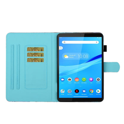Blue flip leather tablet case showing interior card slots and screen viewing stand
