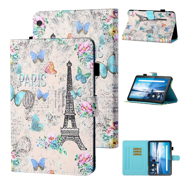 White and multicolor butterfly Paris-printed tablet flip leather case with card slot