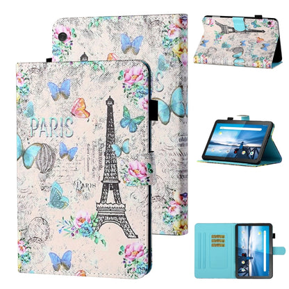 White and multicolor butterfly Paris-printed tablet flip leather case with card slot