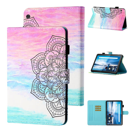 Pink-and-blue mandala patterned tablet flip leather case with card slot and stand