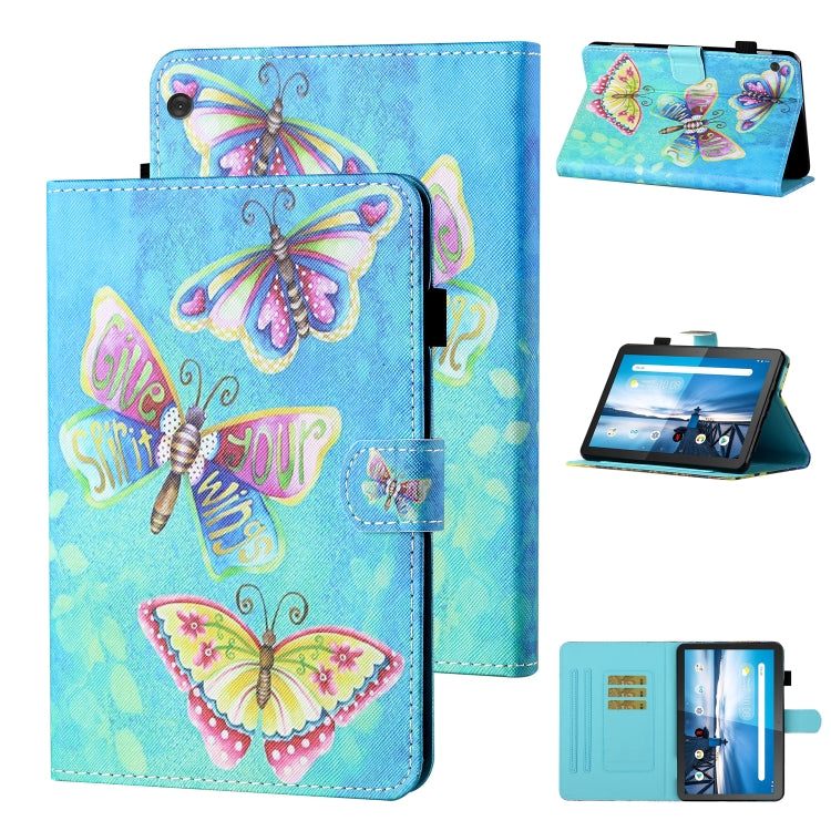 Light blue butterfly script printed tablet flip leather case with card slot and stand
