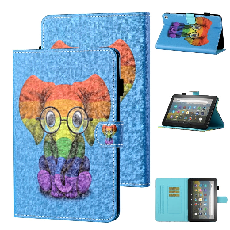 Blue fox-and-owl print leather flip case with card slot and holder, sleep/wake function