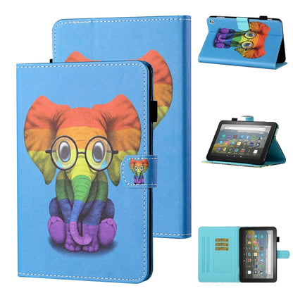 Blue fox-and-owl print leather flip case with card slot and holder, sleep/wake function