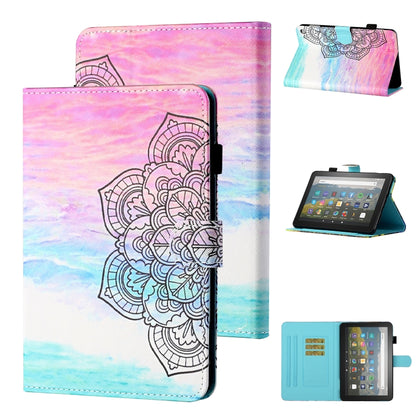 Pastel mandala-print leather flip case with card slot and holder, sleep/wake function
