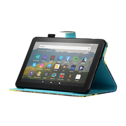 Blue tablet flip case with folio stand holding a tablet