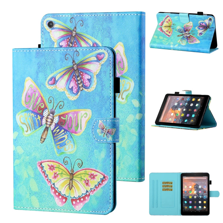 Blue butterfly-pattern leather flip case for tablet, with card slot and sleep/wake