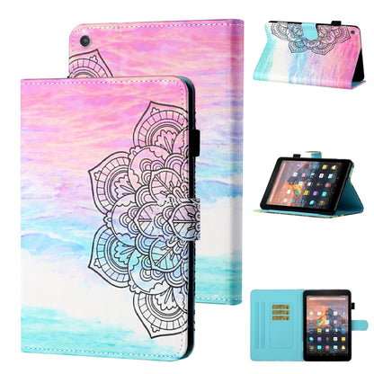 Pink and blue mandala leather flip case for tablet, with card slot and sleep/wake