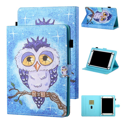 Blue owl printed tablet leather flip case with stand, card slot, and pen holder