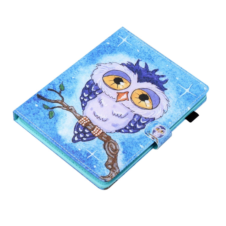 Blue owl printed tablet leather flip case with corner strap and pen holder