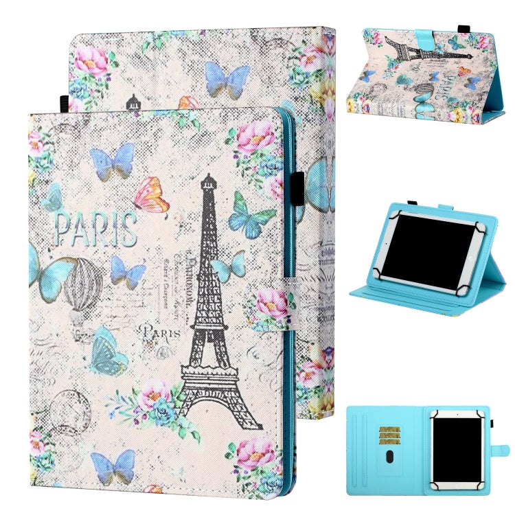 Tablet flip leather case with Paris Eiffel Tower and floral butterflies print, card slot