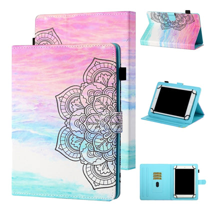 Tablet flip leather case with pink mandala pattern, card slot and viewing stand