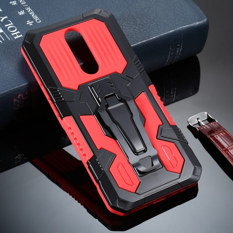 Shockproof armored phone case with bright red back insert and raised bumper edges