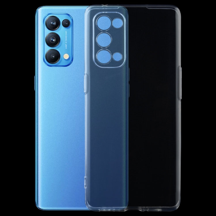 Transparent TPU phone case over blue phone, visible camera and side cutouts