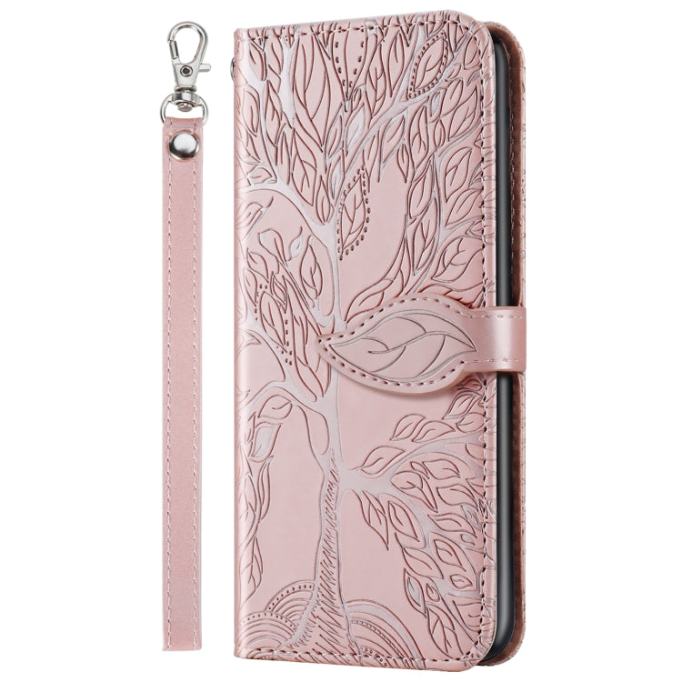 Rose gold embossed leather wallet flip phone case with card holder and lanyard strap