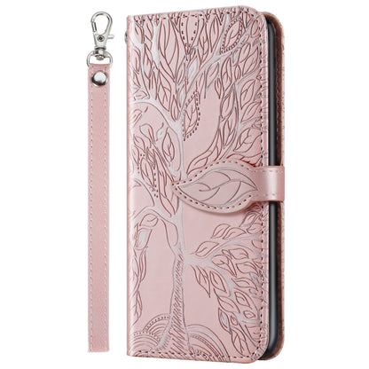 Rose gold embossed leather wallet flip phone case with card holder and lanyard strap