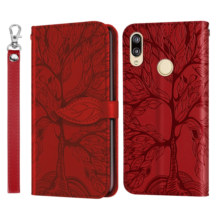 Red embossed leather wallet flip phone case with lanyard strap and magnetic front flap