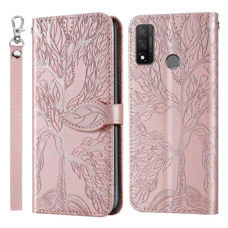 Rose gold embossed leather wallet flip phone case with card slot and lanyard strap