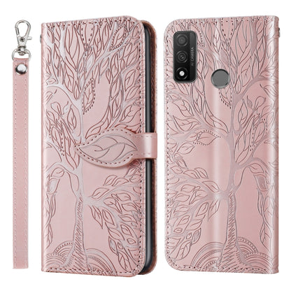 Rose gold embossed leather wallet flip phone case with card slot and lanyard strap