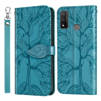 Blue embossed leaf-pattern flip wallet phone case with lanyard strap