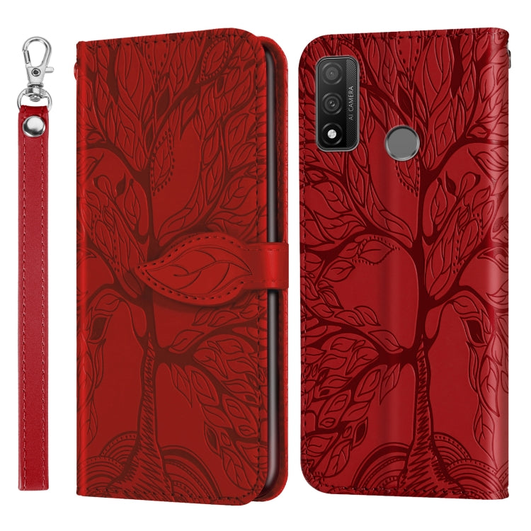 Red embossed leather wallet flip phone case with lanyard strap and camera cutout