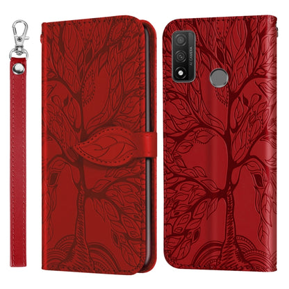 Red embossed leather wallet flip phone case with lanyard strap and camera cutout