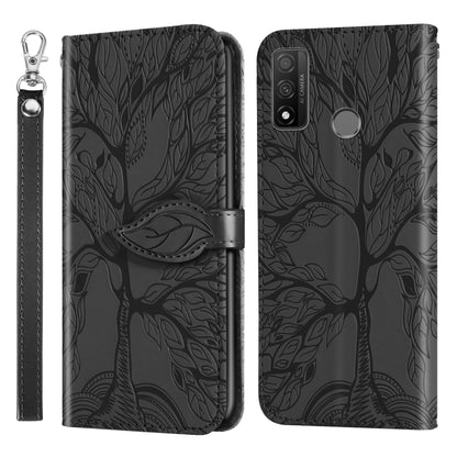 Black embossed leaf-pattern flip leather phone case with lanyard strap and silver accents