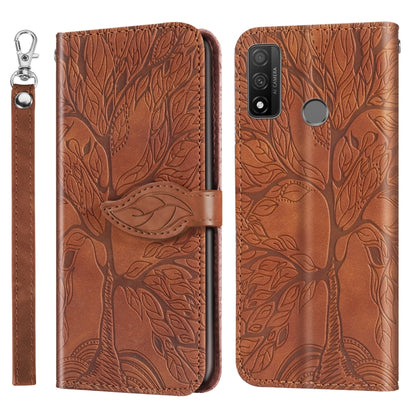 Embossed leather flip wallet phone case with lanyard strap, brown, camera cutout
