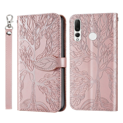 Rose gold embossed leaf-pattern flip wallet phone case with lanyard strap