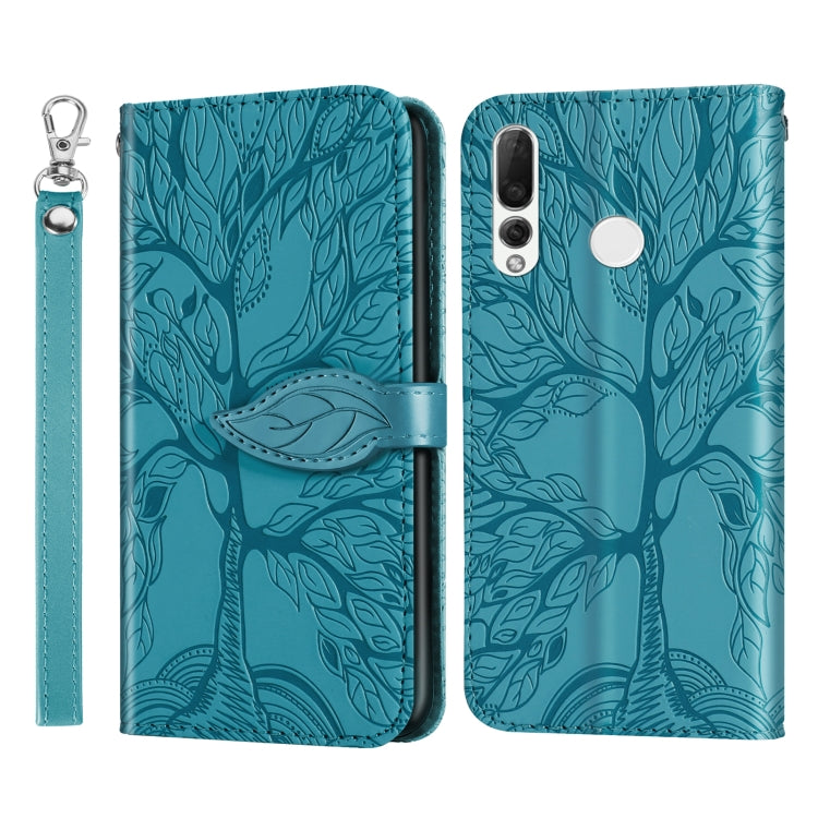 Blue embossed leaf-pattern flip wallet phone case with lanyard strap