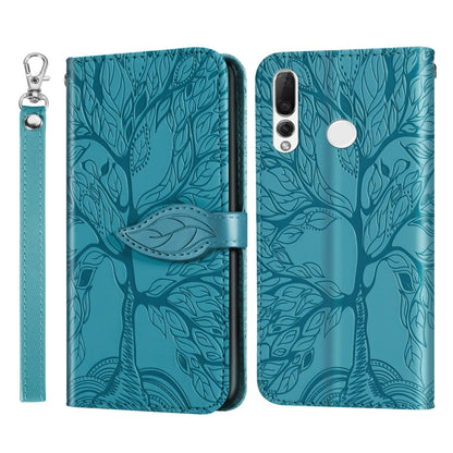 Blue embossed leaf-pattern flip wallet phone case with lanyard strap