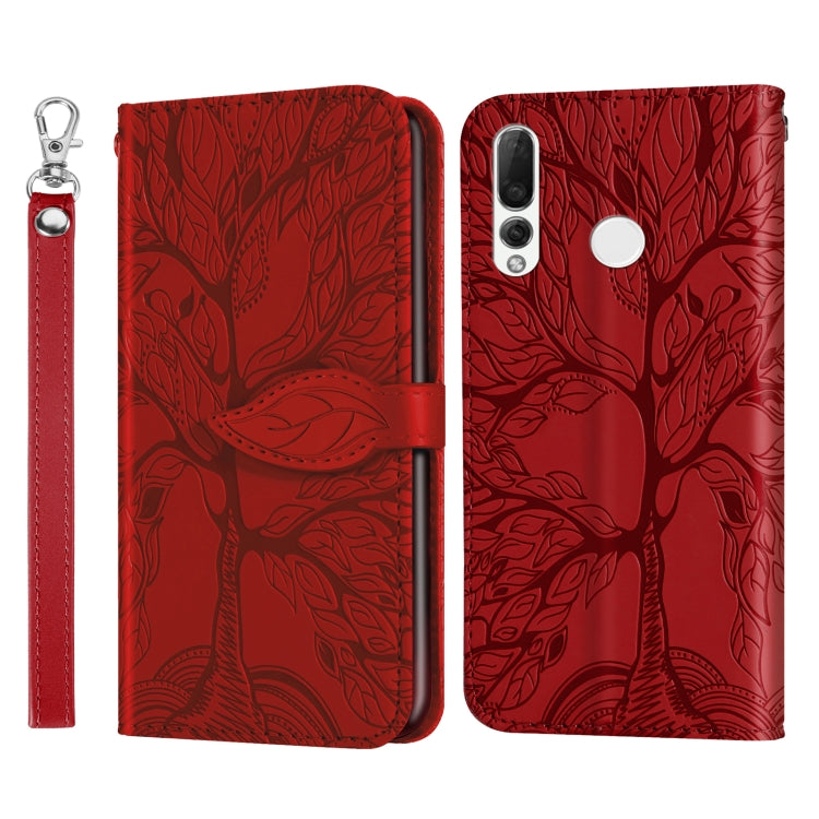 Red embossed leather wallet flip phone case with lanyard strap and round closure