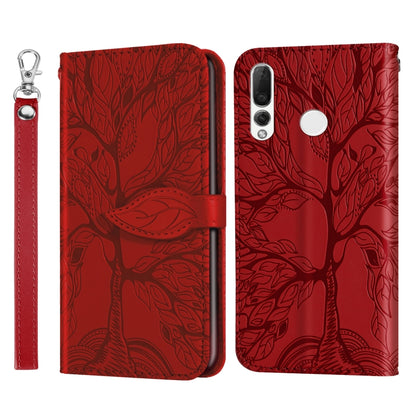 Red embossed leather wallet flip phone case with lanyard strap and round closure