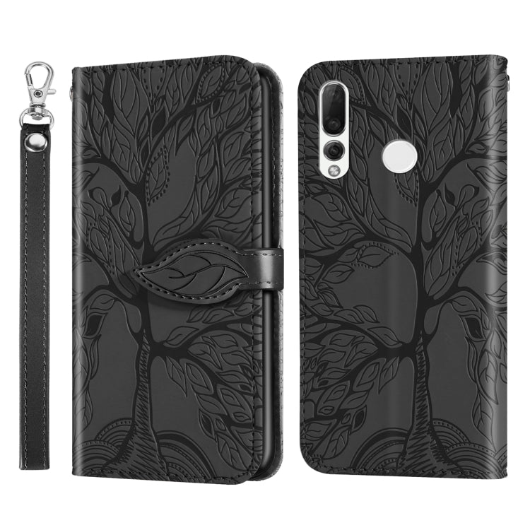 Black embossed leaf-pattern flip leather phone case with lanyard strap and silver circle