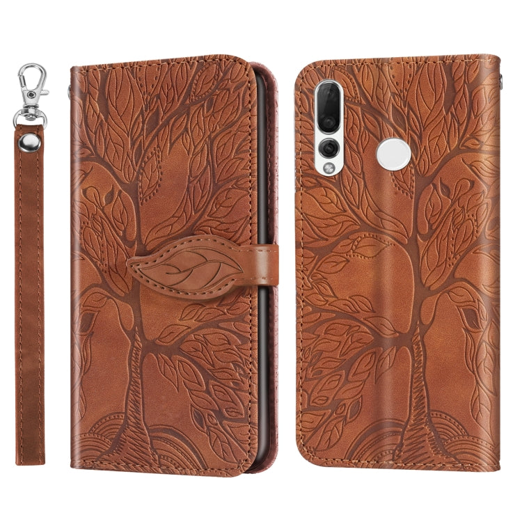 Embossed leather flip wallet phone case with lanyard strap and wallet flap, brown