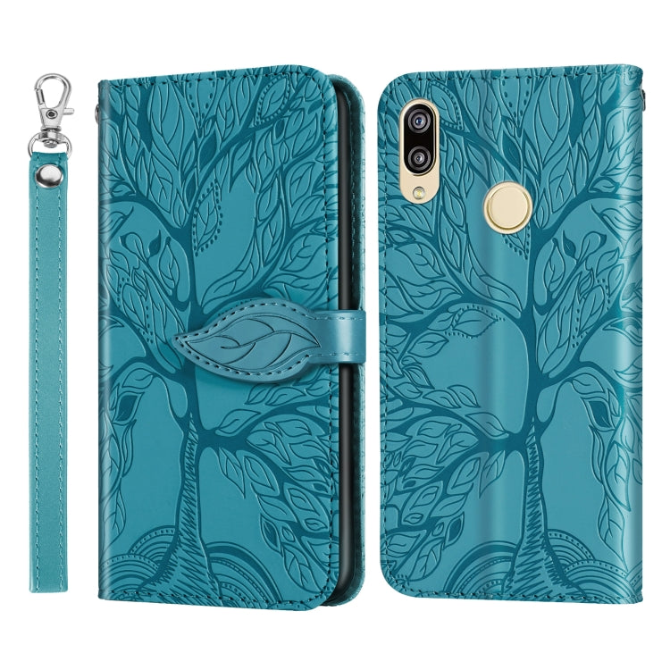 Blue embossed leaf-pattern flip wallet phone case with lanyard strap