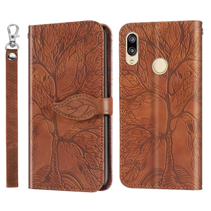 Embossed leather flip wallet phone case with lanyard strap, brown, magnetic back
