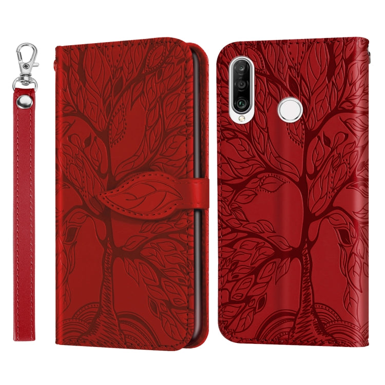 Red embossed leather wallet flip phone case with lanyard strap and side card slot
