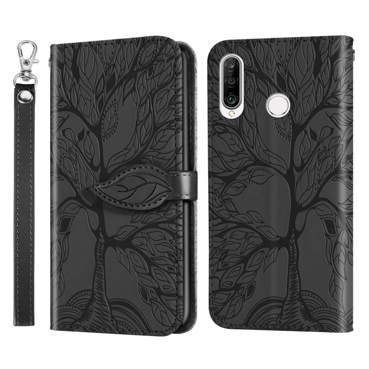 Black embossed leaf-pattern flip leather phone case with lanyard strap and silver circle