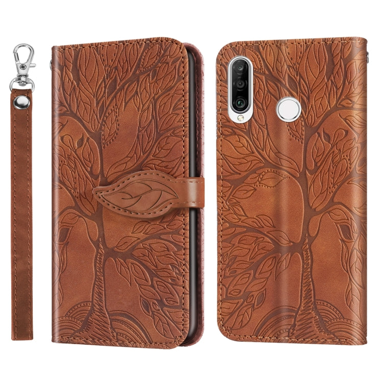 Embossed leather flip wallet phone case with lanyard strap, brown, side camera window
